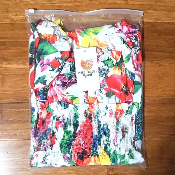 NWT Boho Red Floral High Waisted Gathered Smocked Mini Dress MSRP $108 - Picture 6 of 6